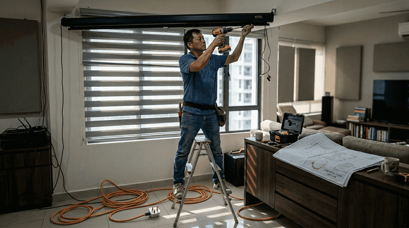 Technician installing motorized projector screen