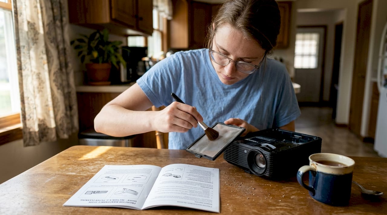Woman gently cleaning projector filter and lens