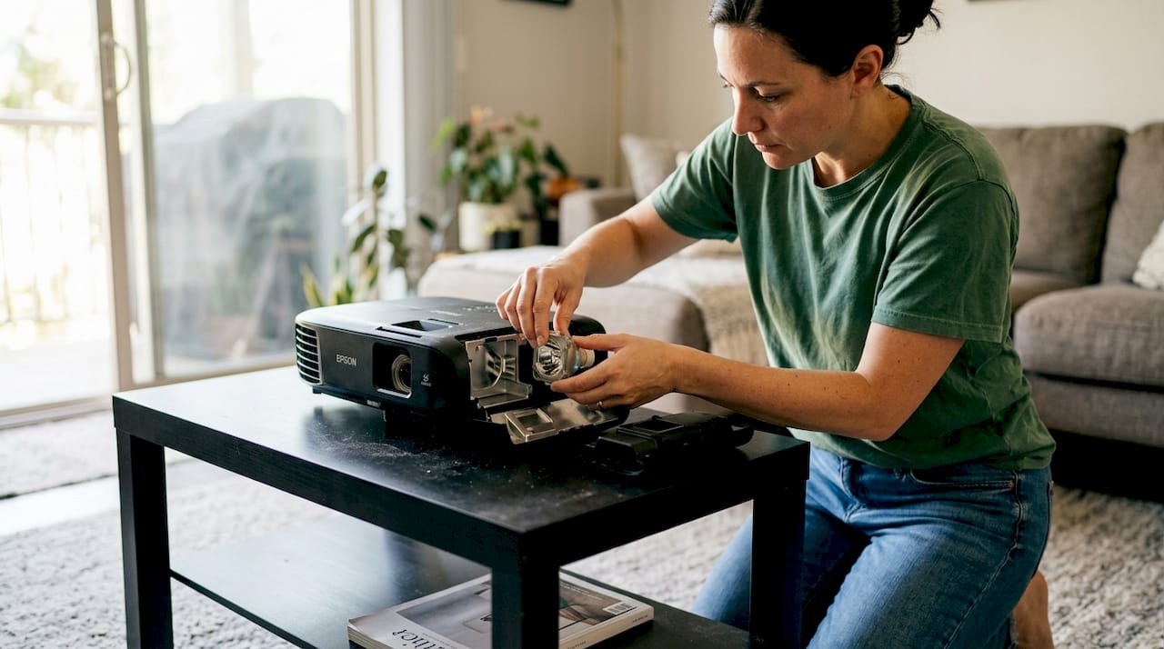 Person reseating projector bulb during troubleshooting