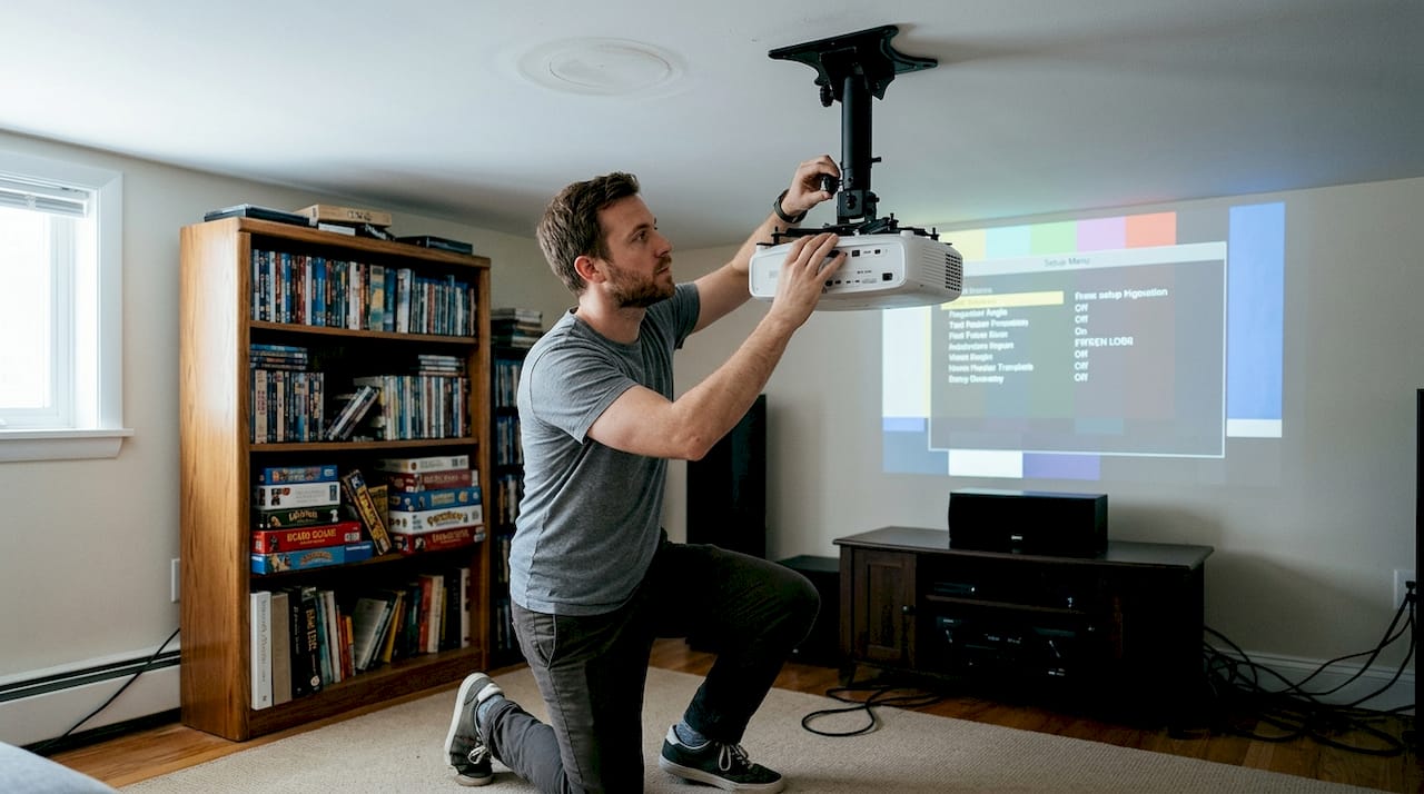 Adjusting flexible projector ceiling mount in media room