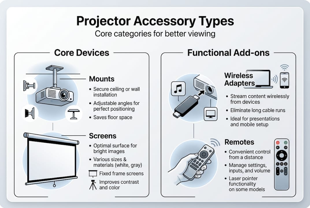 Infographic showing main projector accessory categories