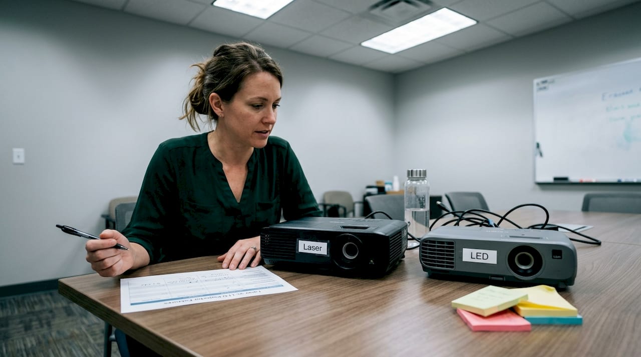 Comparing laser and LED projectors on table