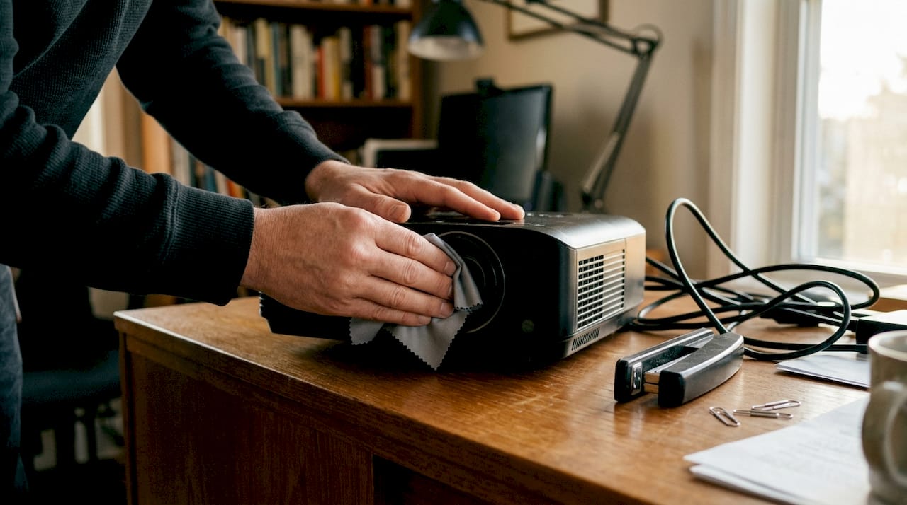 Hands gently cleaning desktop projector lens