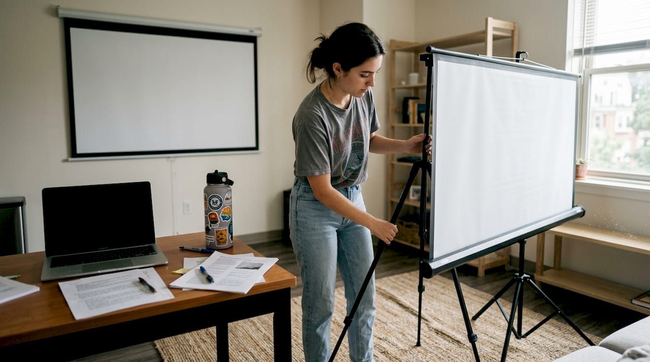 Student setting up projector screen types