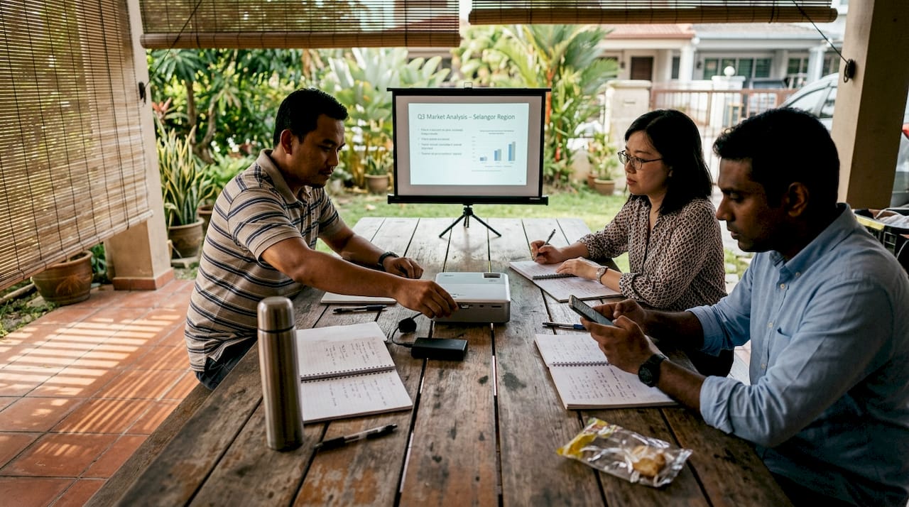 Outdoor group using portable projector with power bank