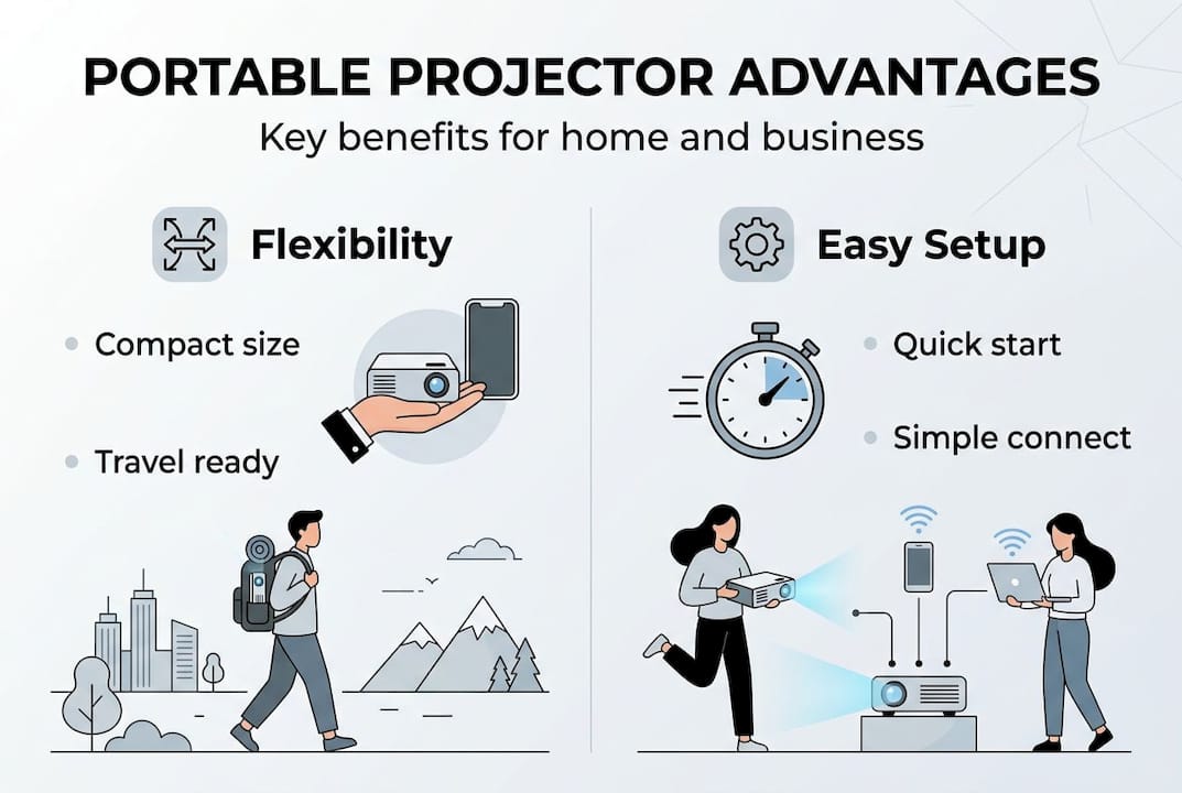 Infographic highlighting main portable projector benefits