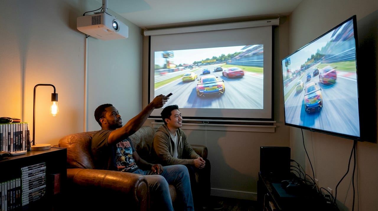 Friends comparing projector and TV gaming