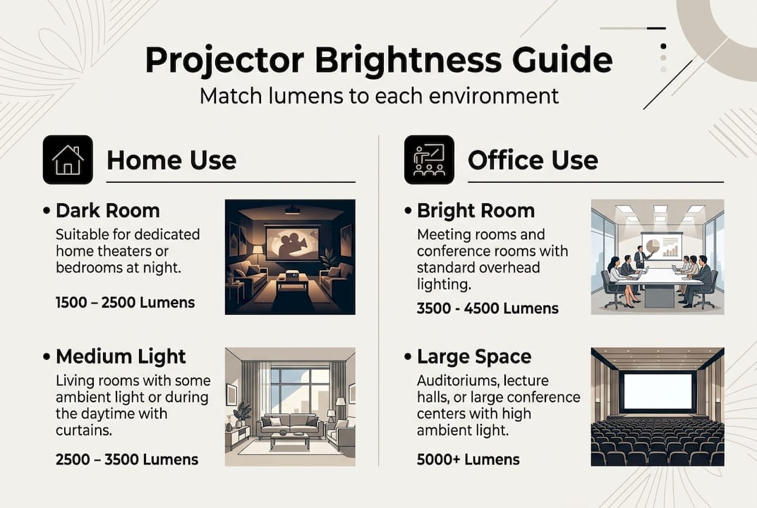 Infographic showing projector brightness environments