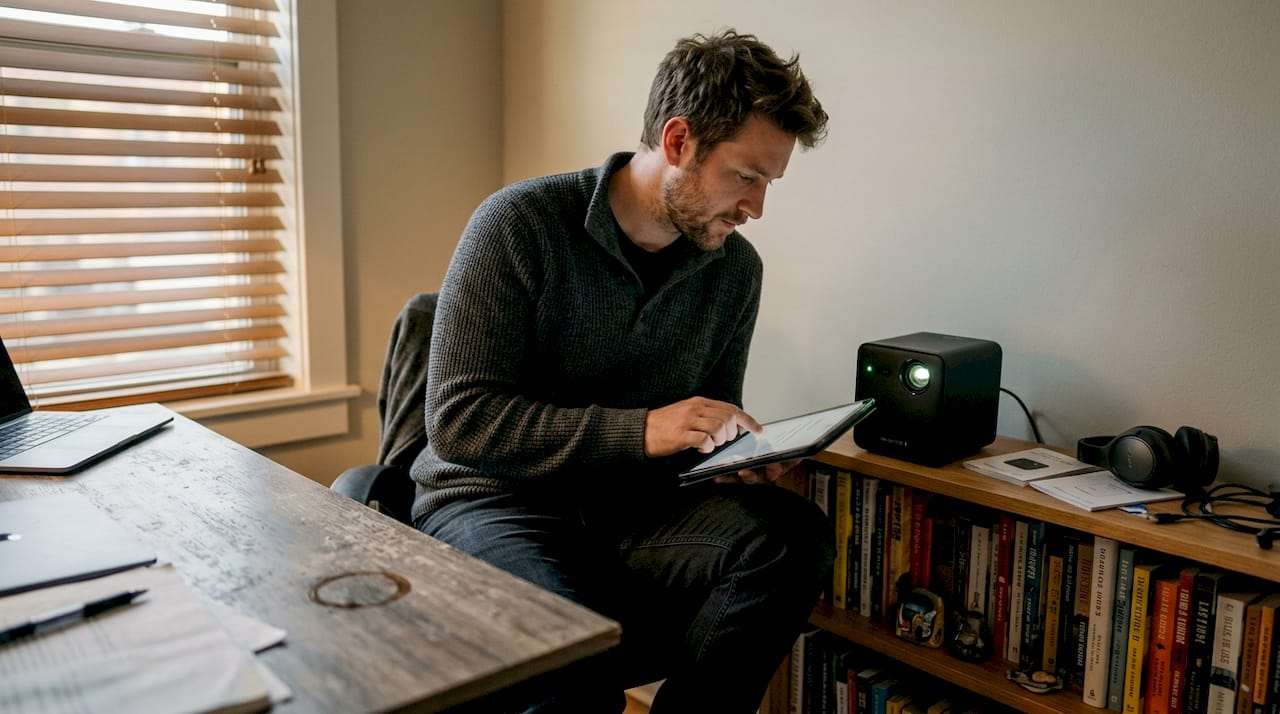 Man setting up projector wireless connectivity