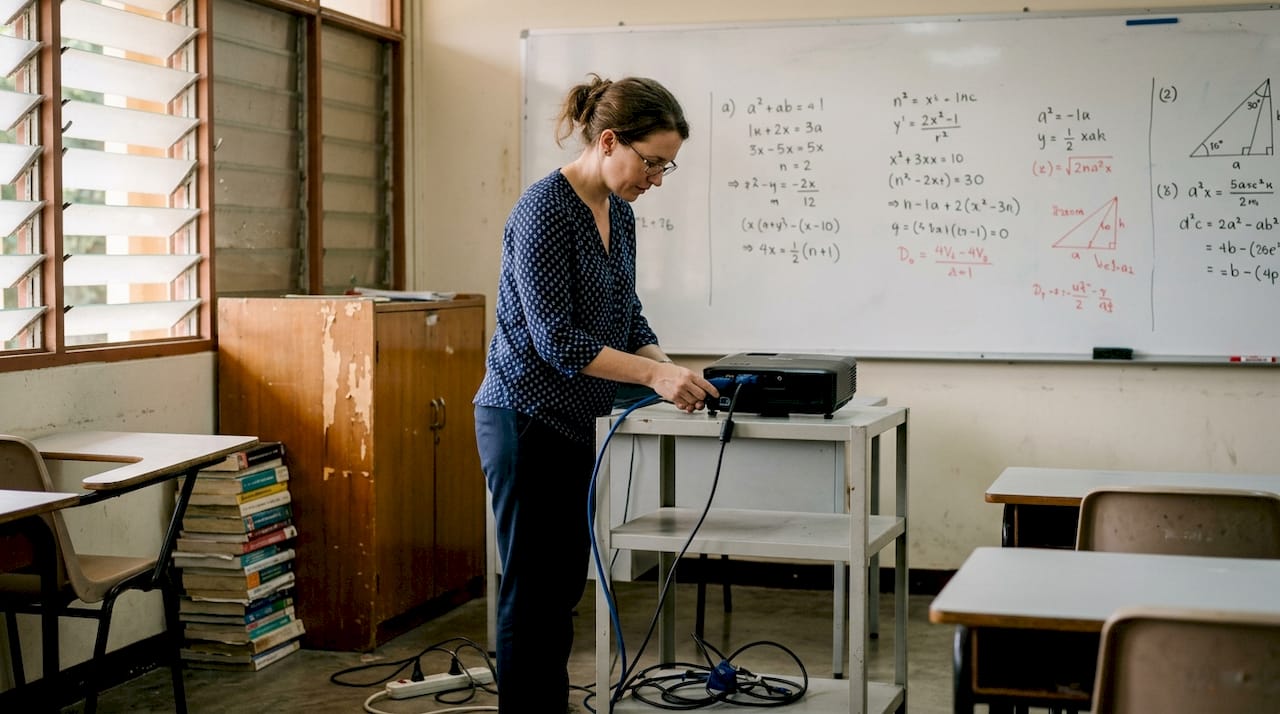 Teacher sets up projector in classroom