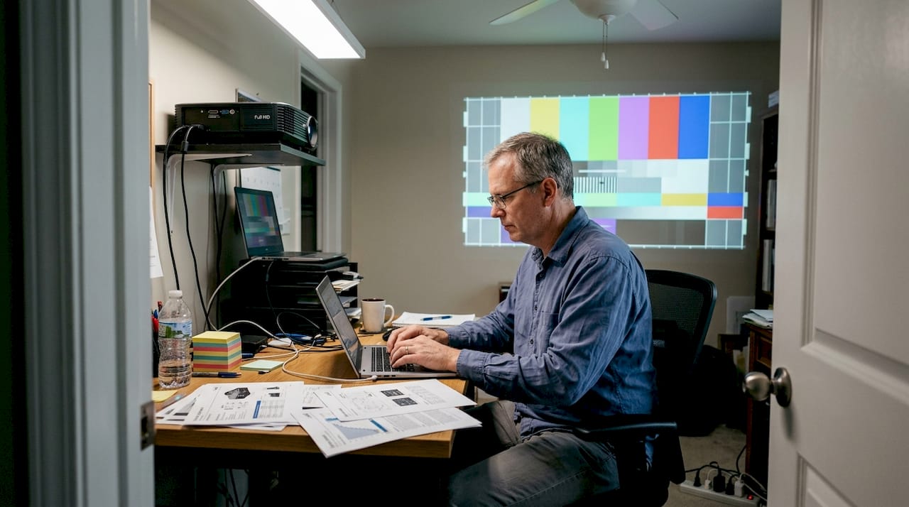 Man benchmarking projector in home office