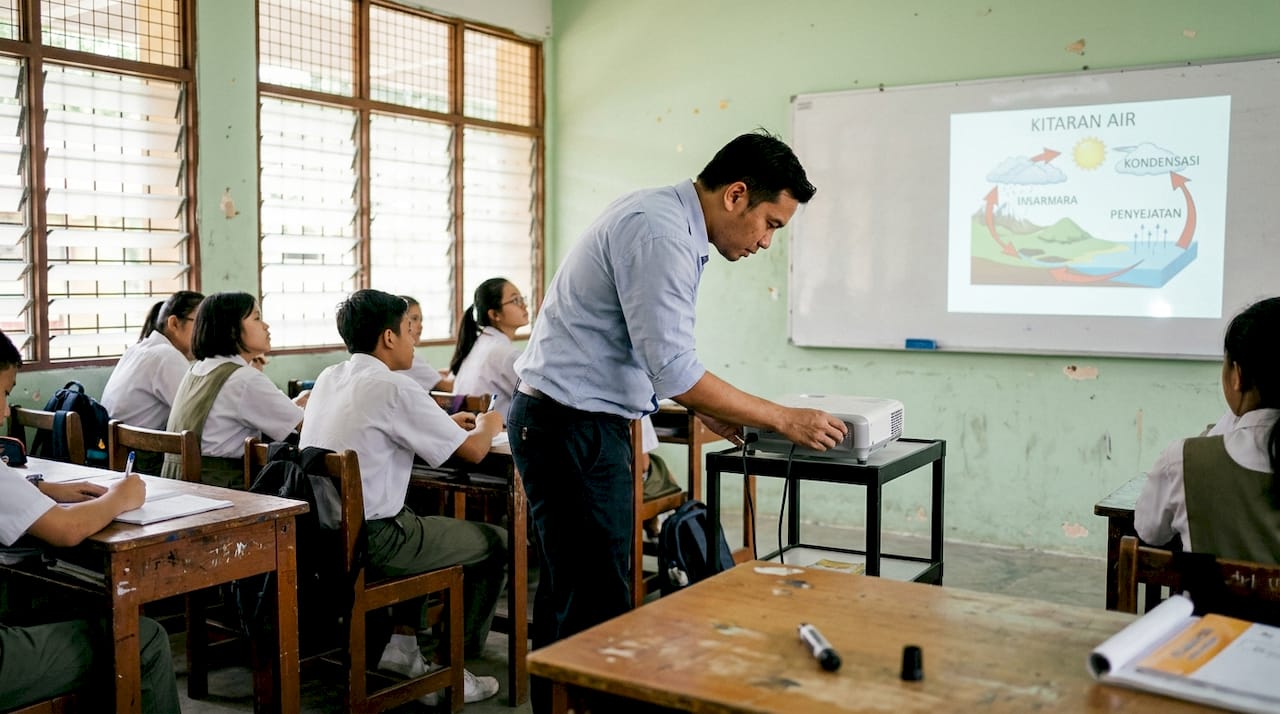 Cikgu sedang membetulkan projektor di dalam kelas supaya pelajar dapat melihat paparan dengan jelas.