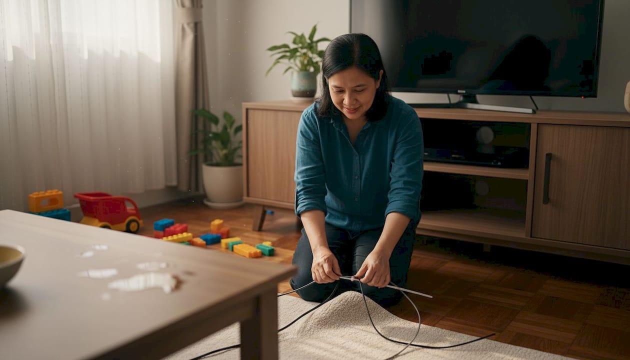 Seorang wanita sedang merapikan wayar di ruang tamu.