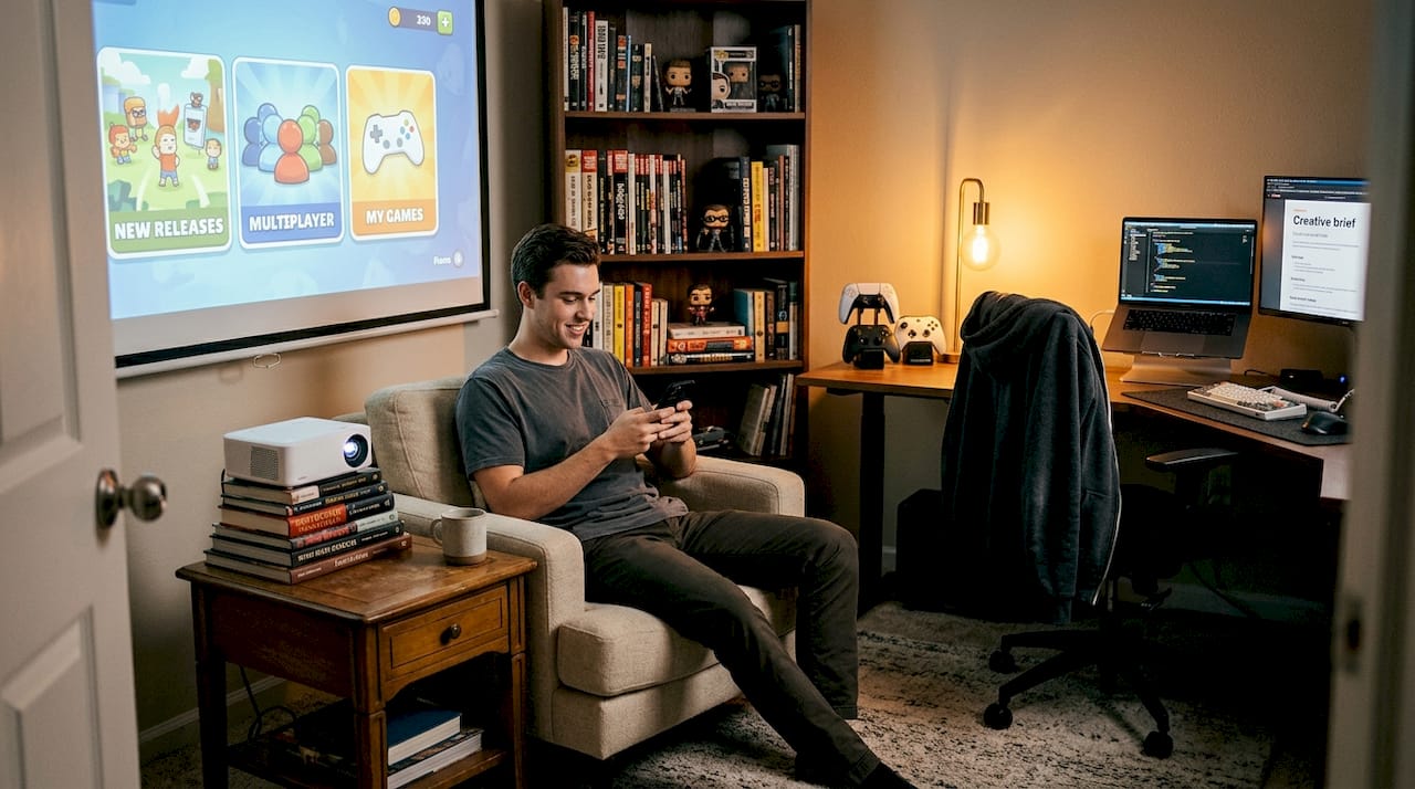 Man using smartphone projector remote app