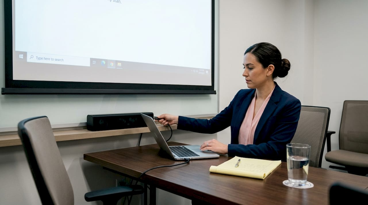 Professional connects soundbar in boardroom