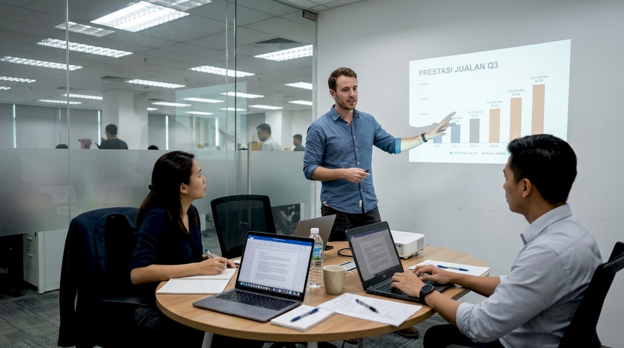 Pasukan kami membuat pembentangan menggunakan projektor mini di pejabat.