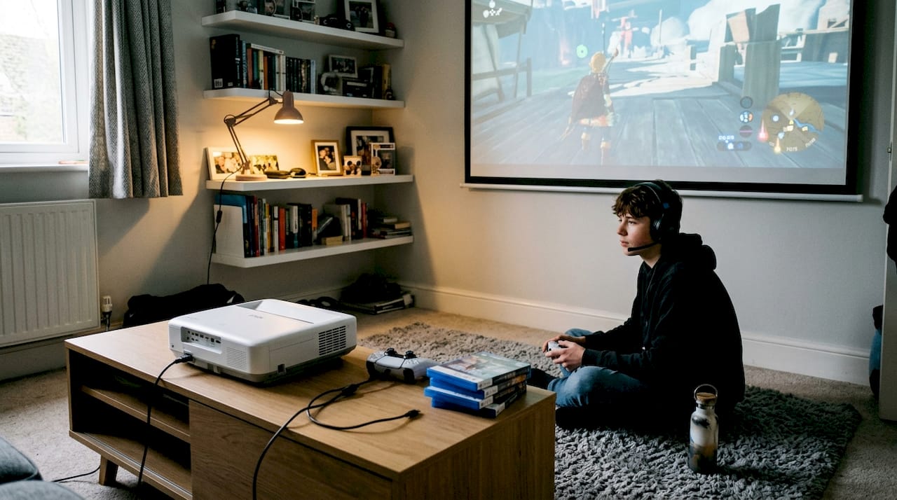 Teen gaming with Epson projector in bedroom