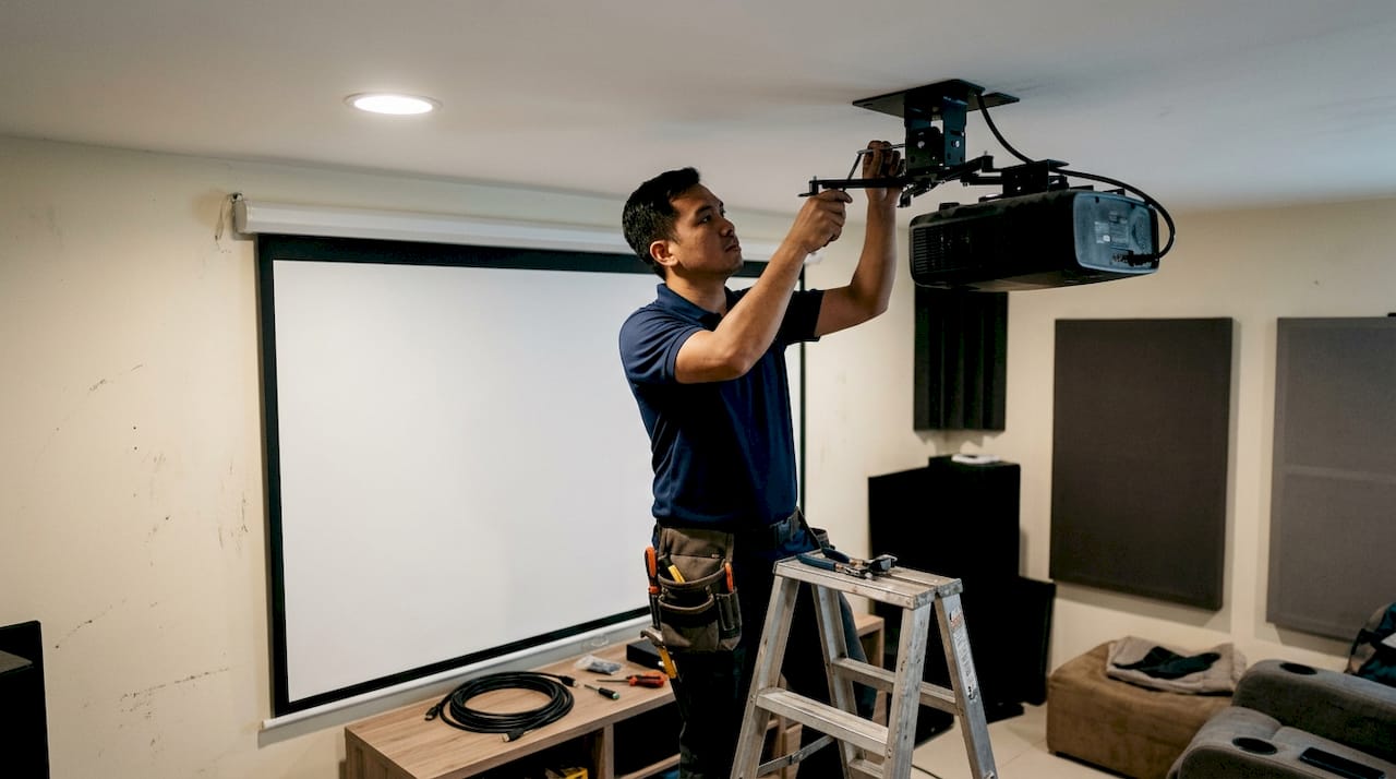 Technician installs projector in home theater