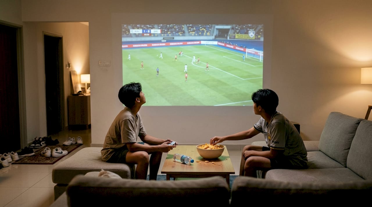 Sekumpulan remaja seronok menonton perlawanan bola sepak yang ditayangkan bersama-sama.