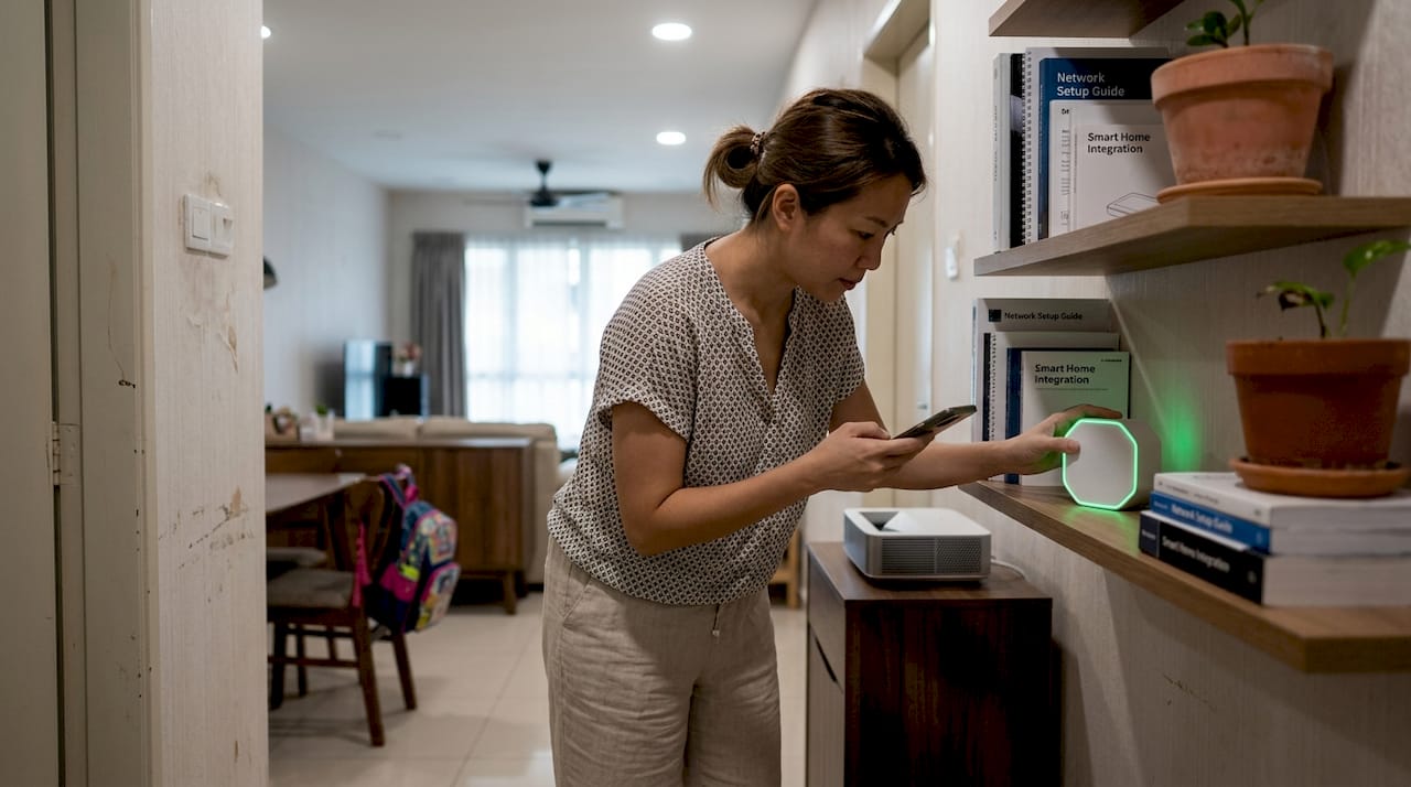 Woman sets up mesh Wi-Fi for projector