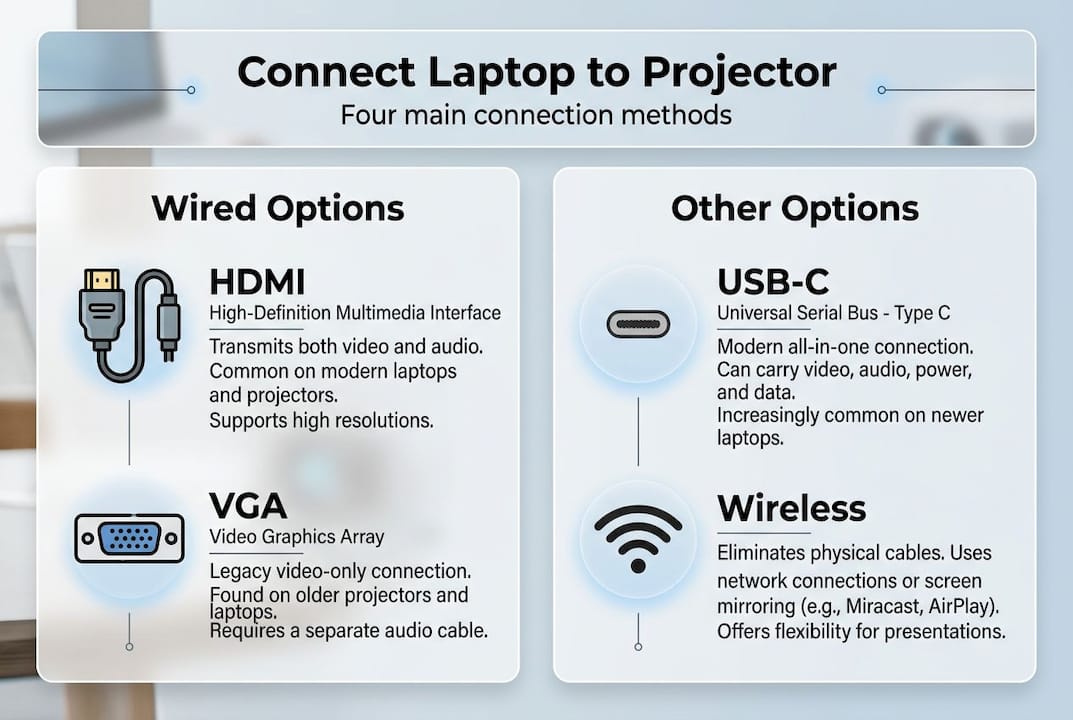 Infographic showing laptop to projector connection methods