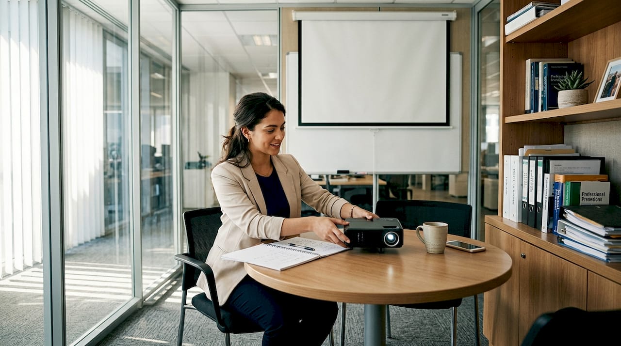 Seorang wanita sedang membetulkan projektor mini di pejabat.