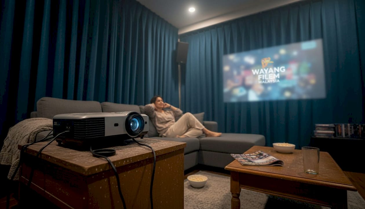 Seorang wanita sedang menonton filem menggunakan projektor di ruang teater rumahnya.