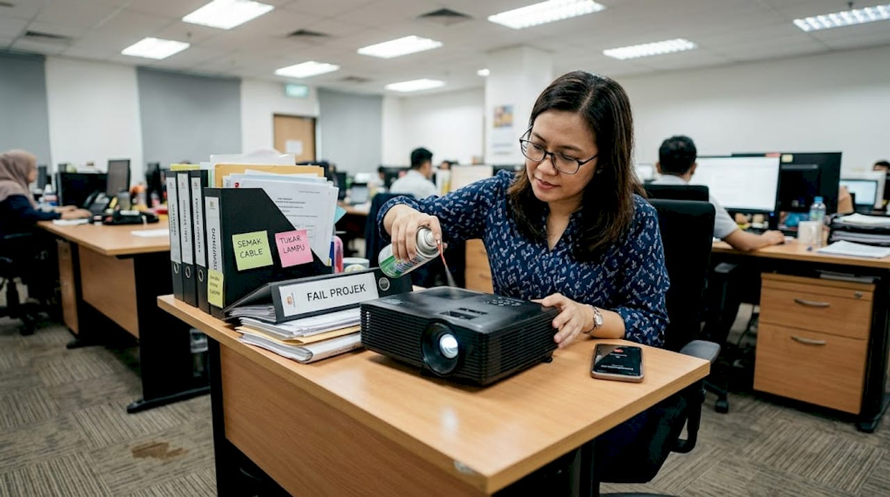 Seorang wanita sedang membersihkan projektor di atas meja pejabat.