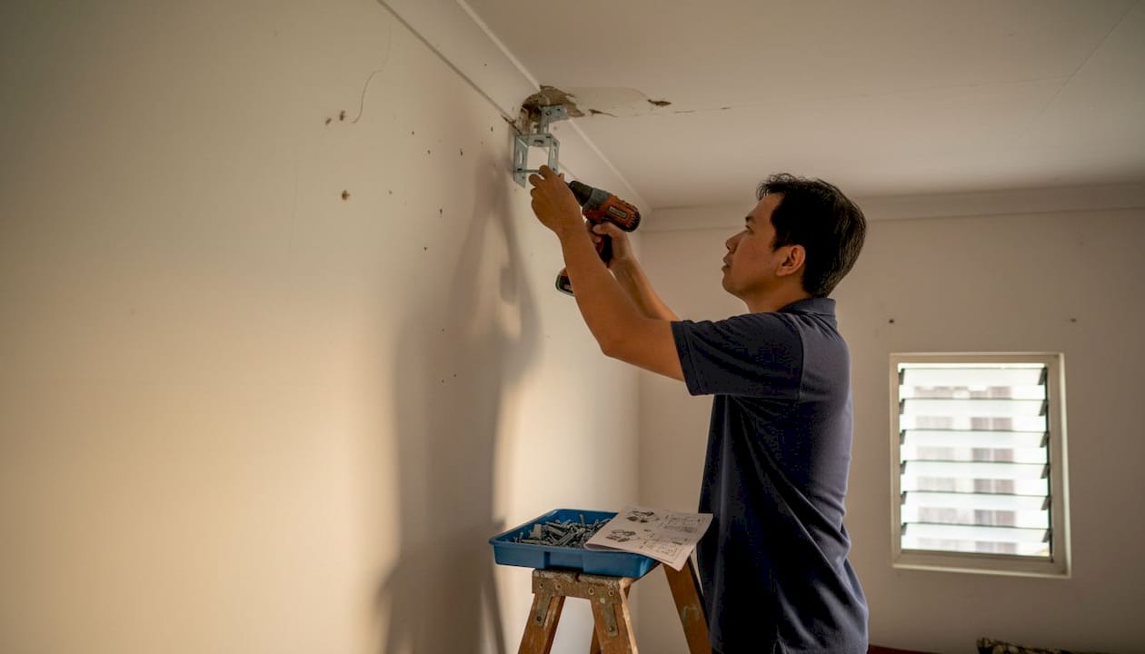 Handyman installing projector mount on slanted ceiling