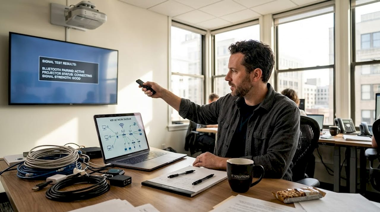 IT manager troubleshooting Bluetooth projector issues