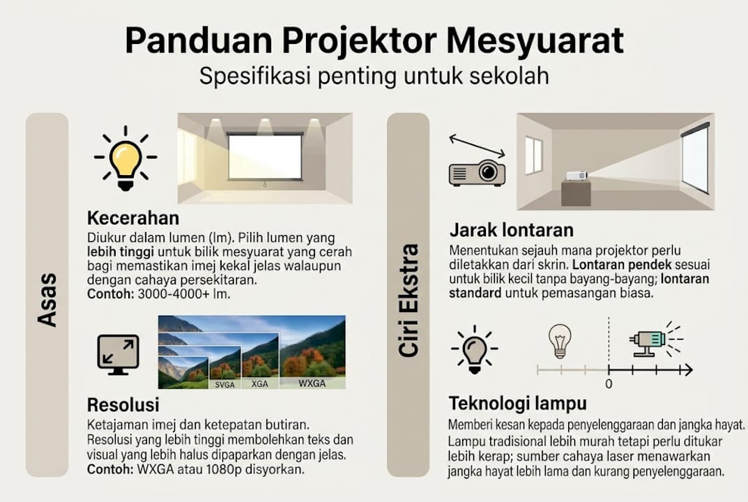 Infografik ciri-ciri utama projektor untuk kegunaan sekolah