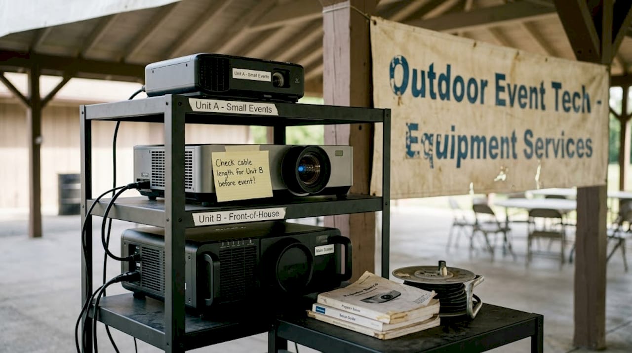 Various projectors on rack outdoors