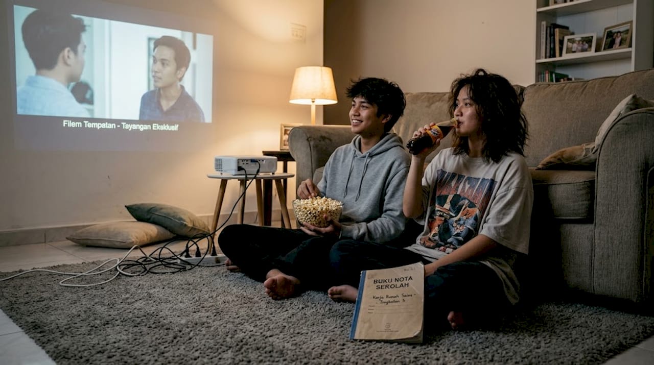 Remaja seronok layan wayang bersama-sama dengan projektor HD pada waktu malam.