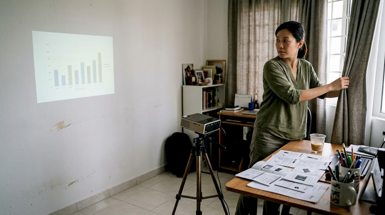 Woman testing projector brightness in sunny room