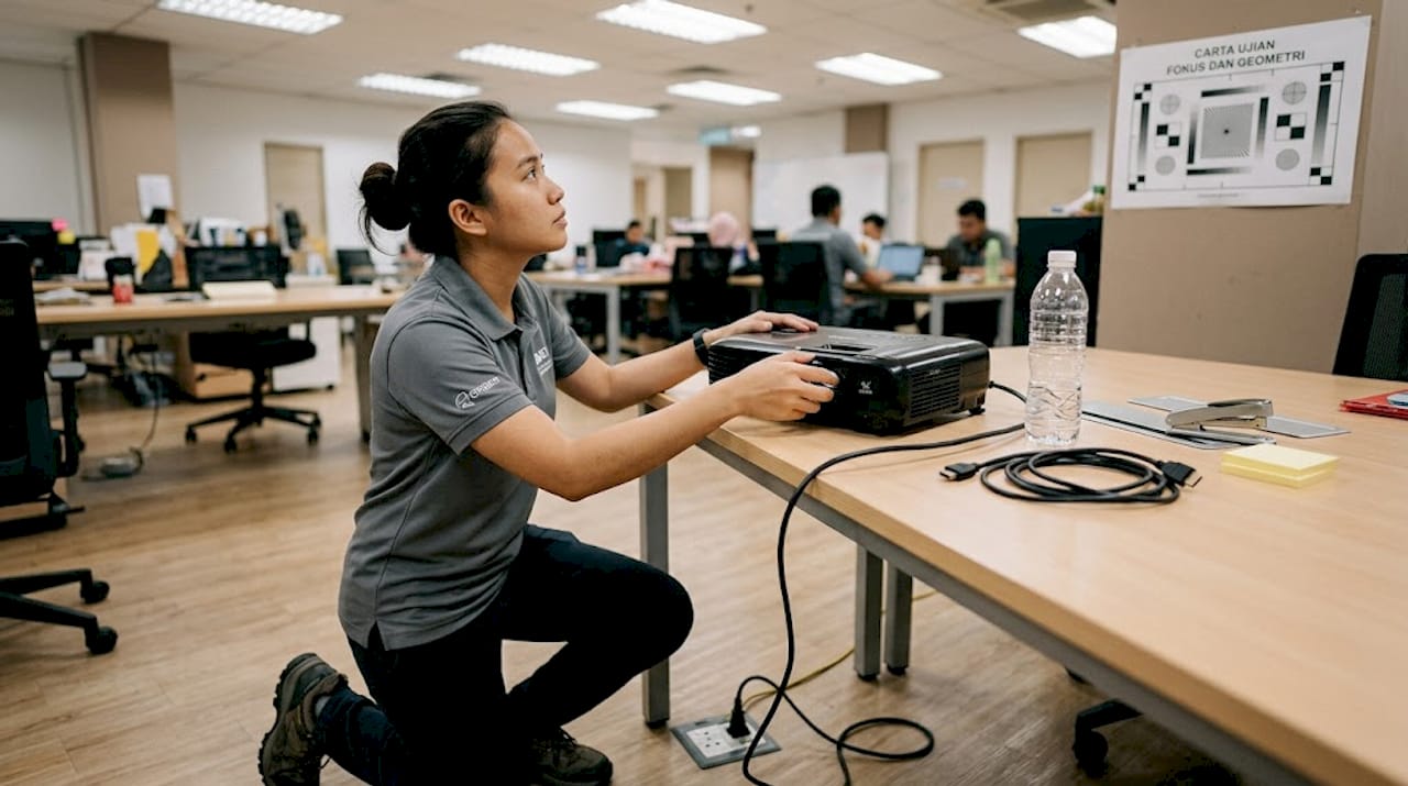 Seorang juruteknik sedang melaraskan zum lensa projektor.