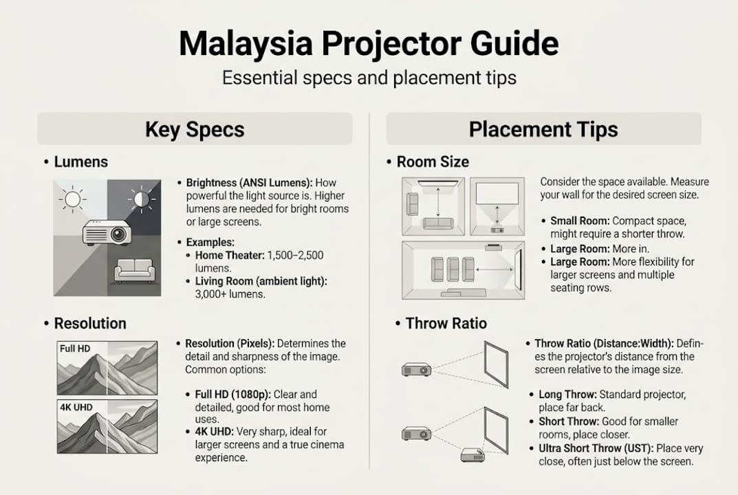 Infographic highlighting projector specs and placement tips