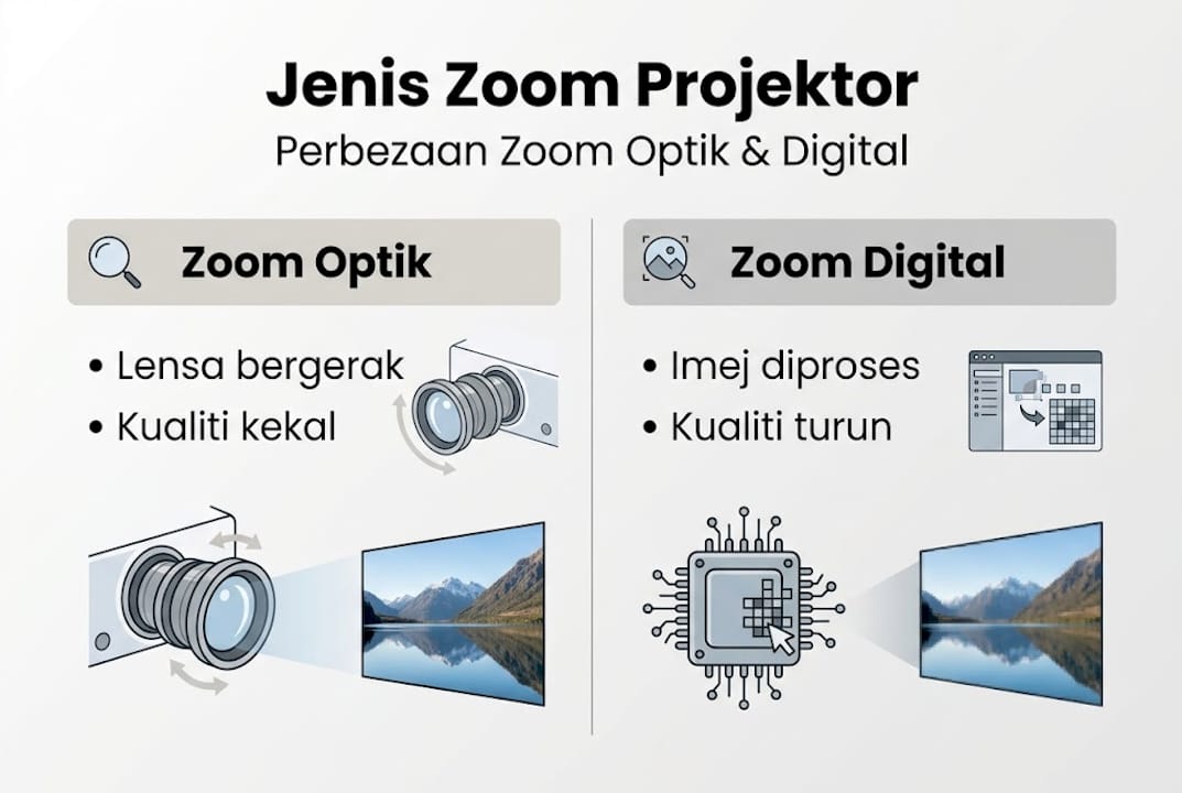 Infografik pilihan projektor zoom berserta ciri-ciri utama yang patut anda tahu