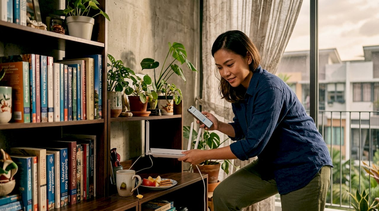 Woman adjusting WiFi router in apartment