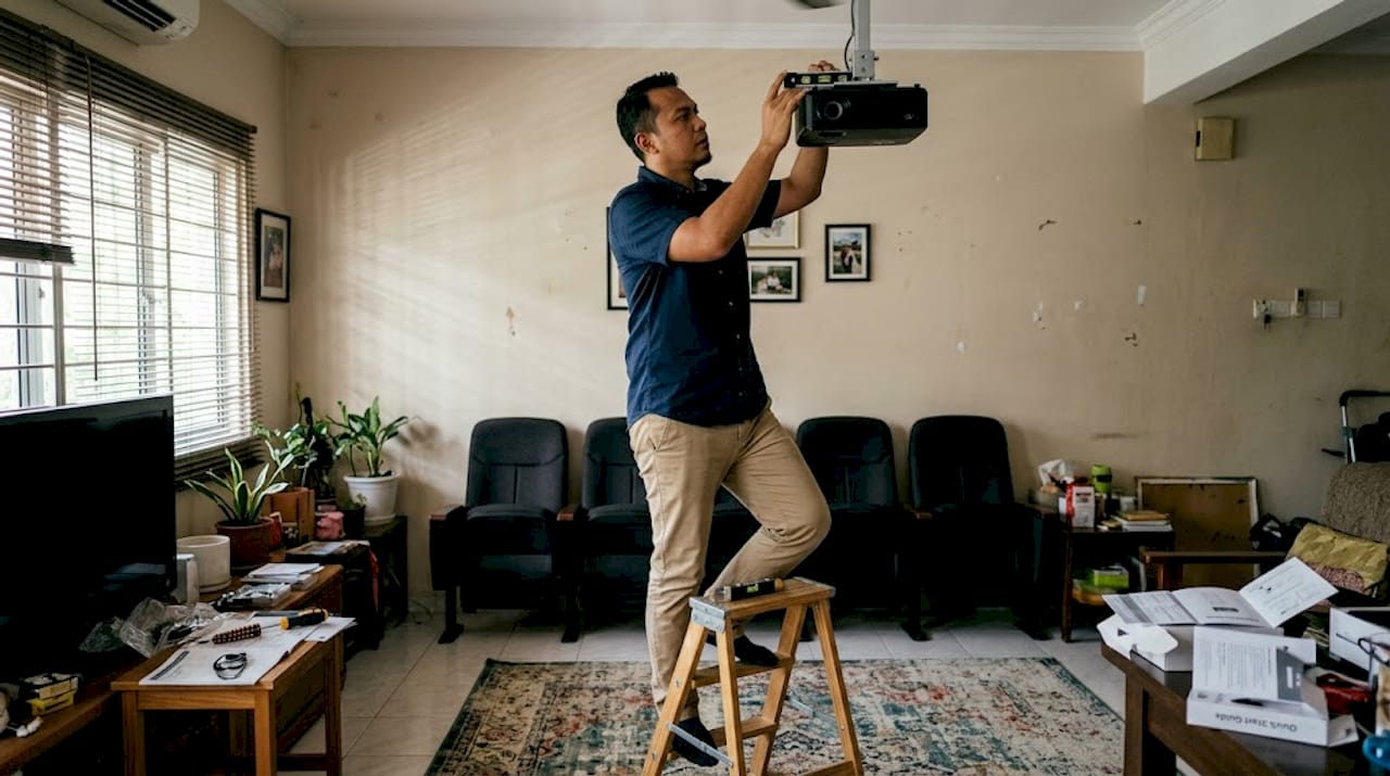 Man mounts projector in real home setting