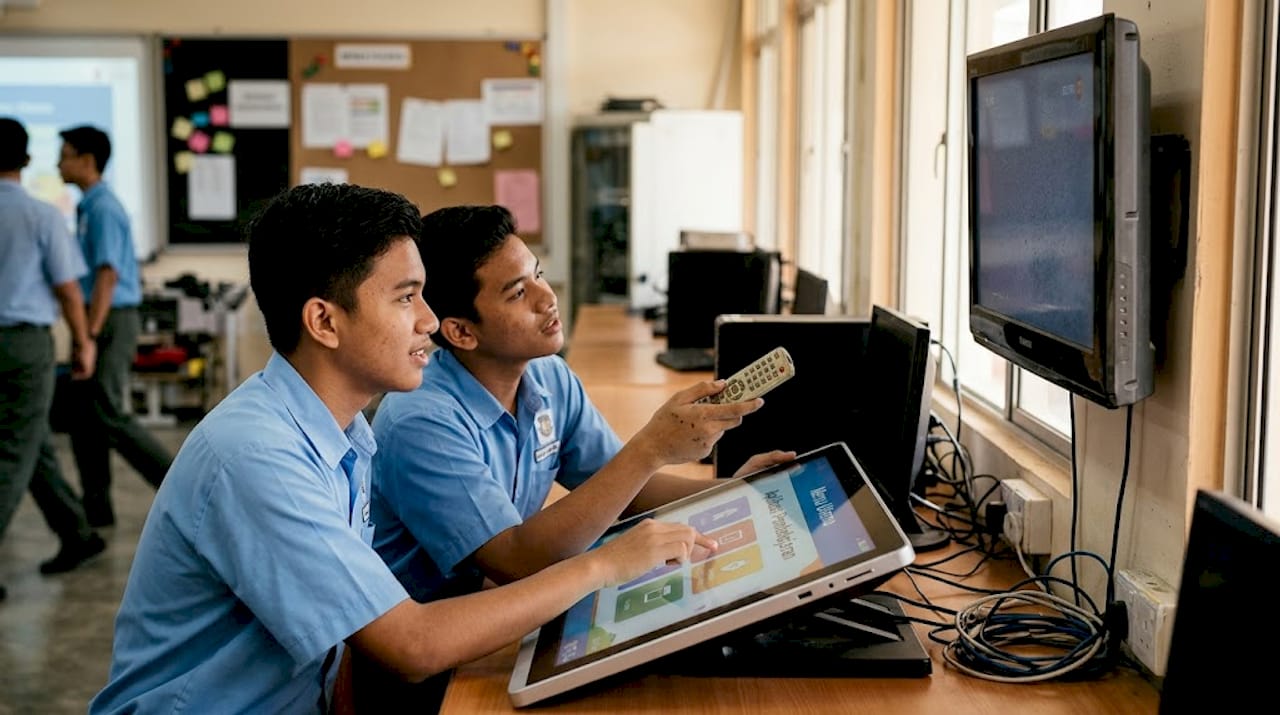 Pelajar membandingkan kelebihan antara paparan interaktif dan Smart TV untuk pembelajaran.