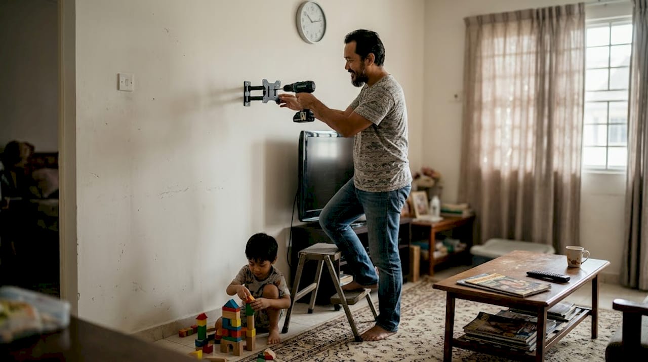 Memasang projektor pada dinding di ruang keluarga