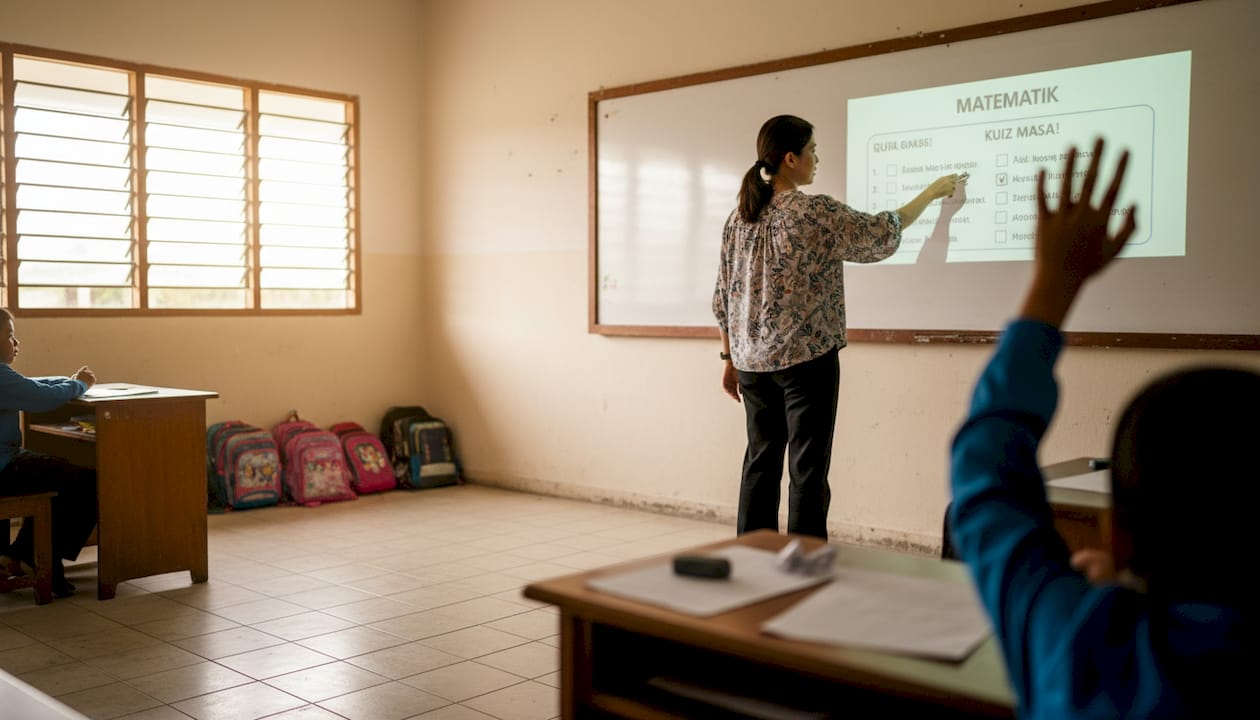 Guru sedang menggunakan projektor untuk menjalankan aktiviti pembelajaran bersama murid-murid di dalam kelas.