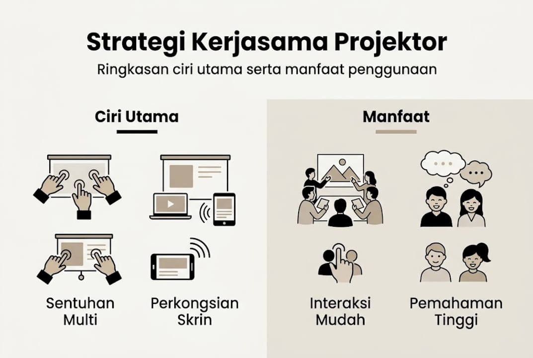 Infografik panduan ringkas strategi kolaborasi penggunaan projektor