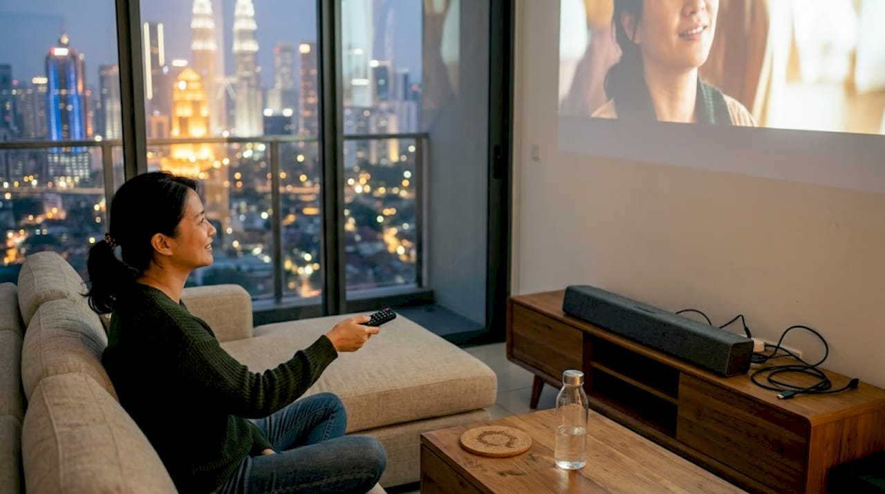 Woman using projector with soundbar setup