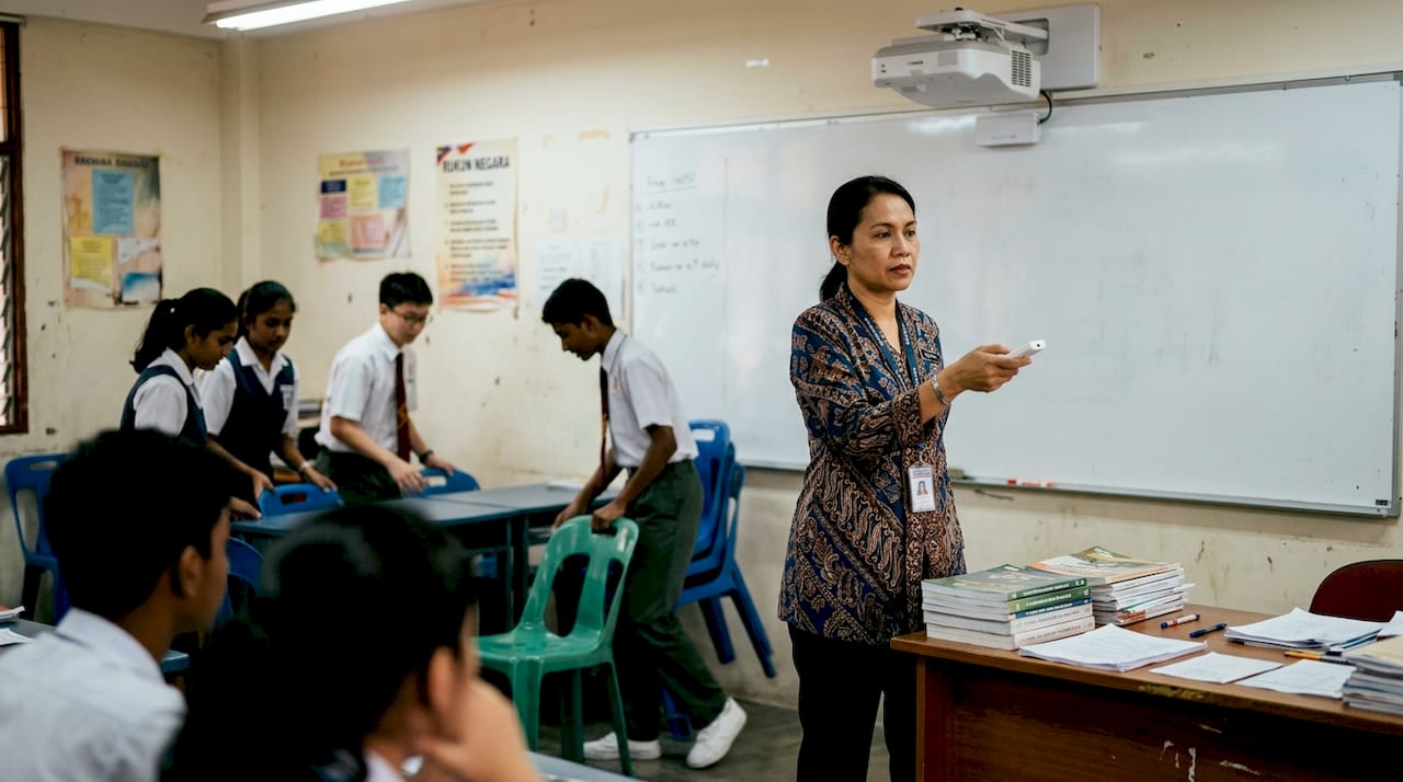 Guru menggunakan projektor UST ketika mengajar di dalam kelas.