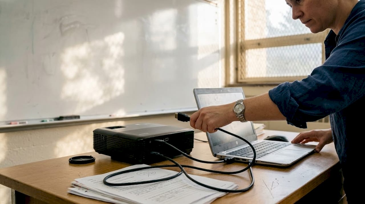 Guru sedang menyambungkan projektor ke komputer riba di dalam kelas untuk memulakan sesi pembelajaran.
