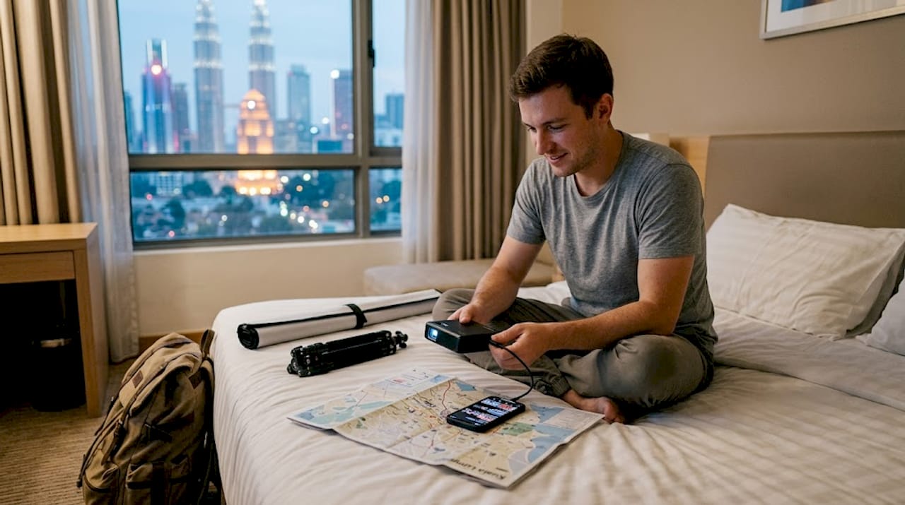 Traveler connects mini projector in hotel room