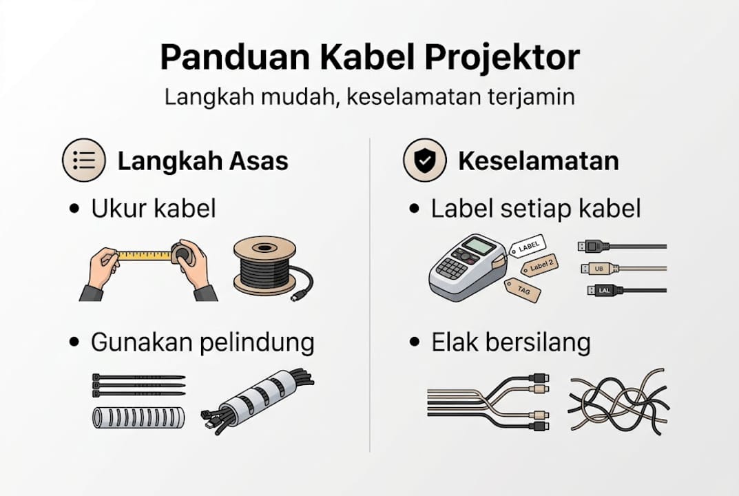 Infografik cara-cara menguruskan kabel projektor dengan teratur
