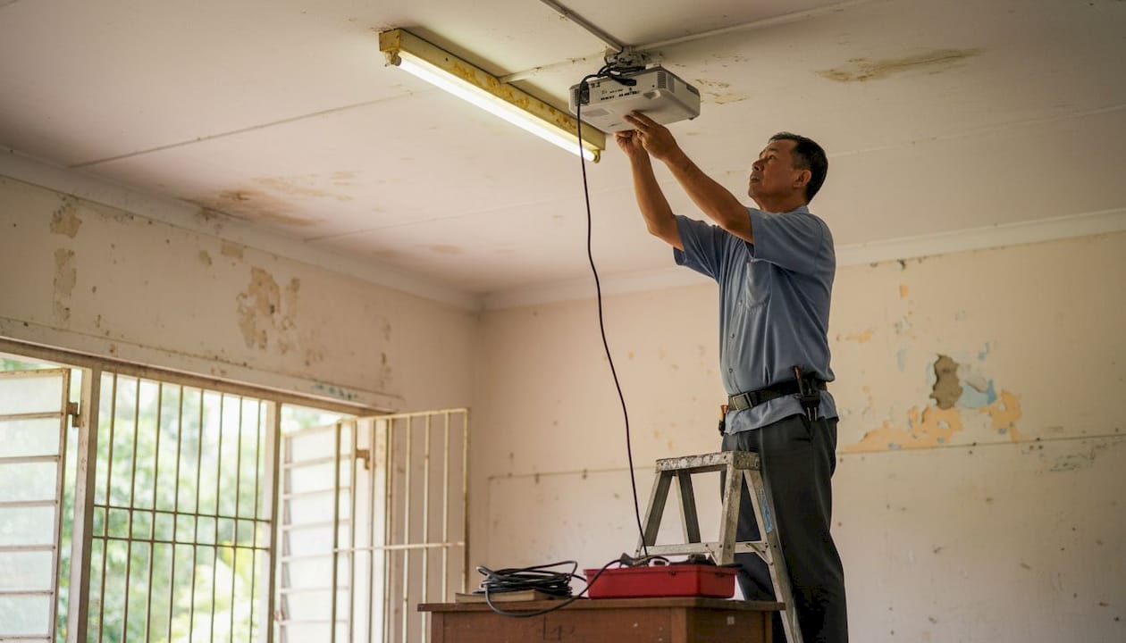 Maintenance checking projector power in old classroom