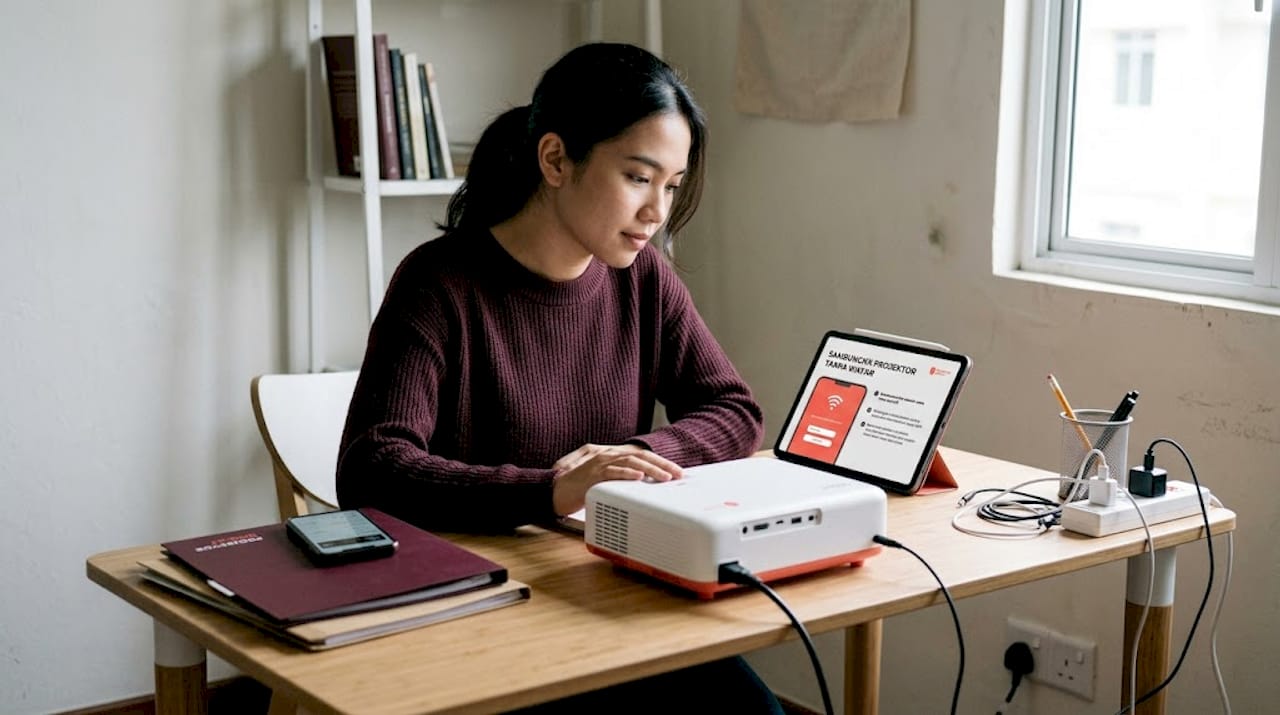 Seorang wanita sedang menyambungkan projektor tanpa wayar kepada WiFi.